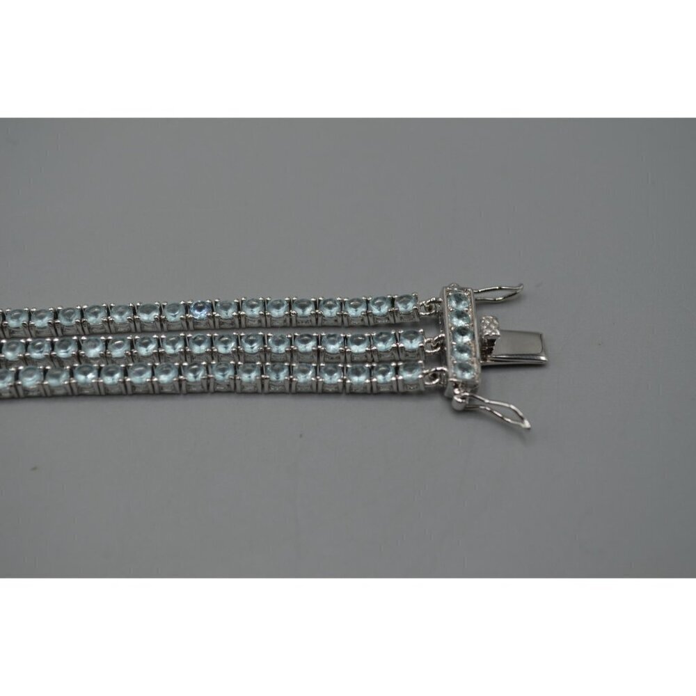 Blue Cubic Zirconia Three Strand Tennis Bracelet Sterling Silver 925 ADI CZ 8" - Picture 5 of 10